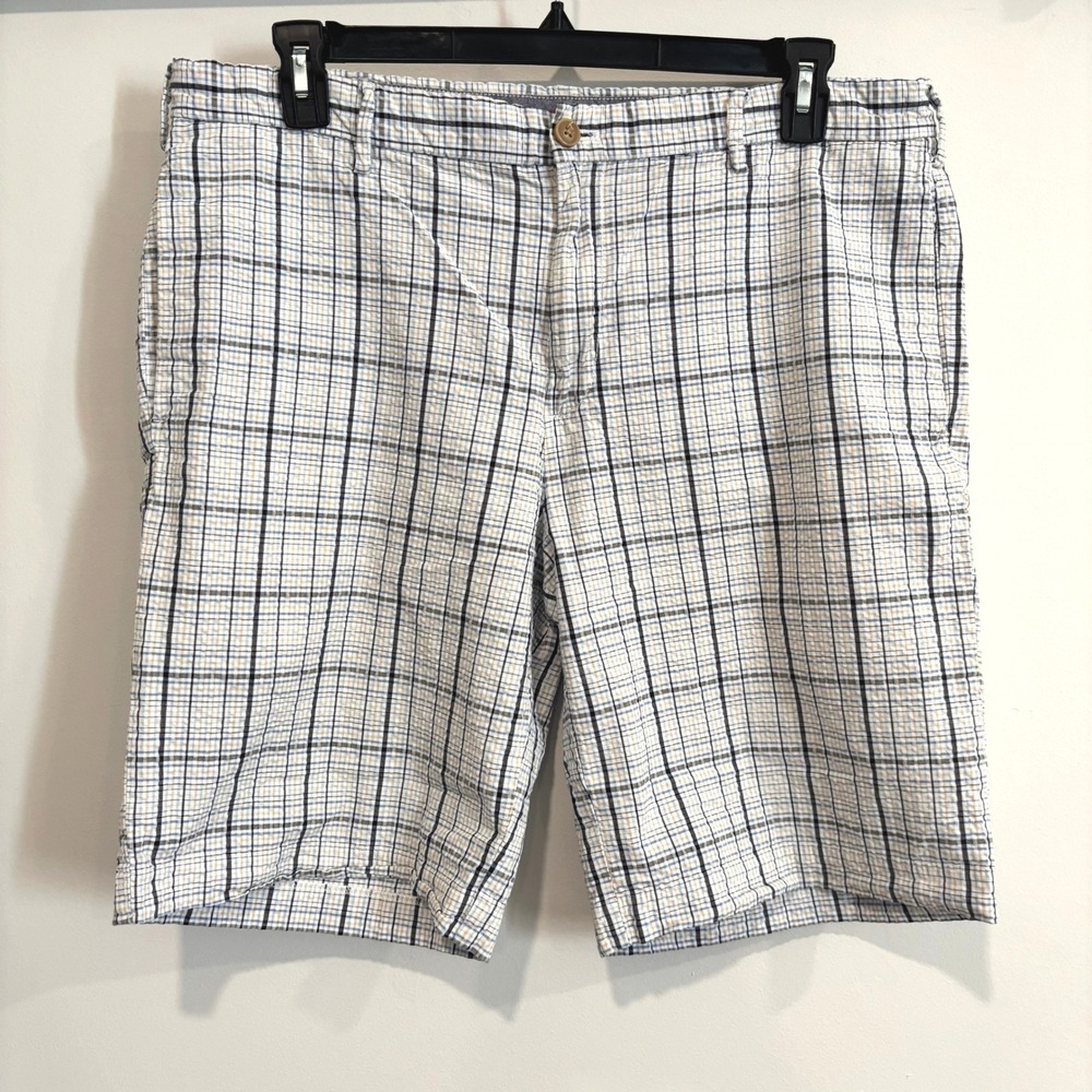 IZOD Mens Shorts 38 Plaid Seersucker Flat Front Cotton Preppy Nautical 21938